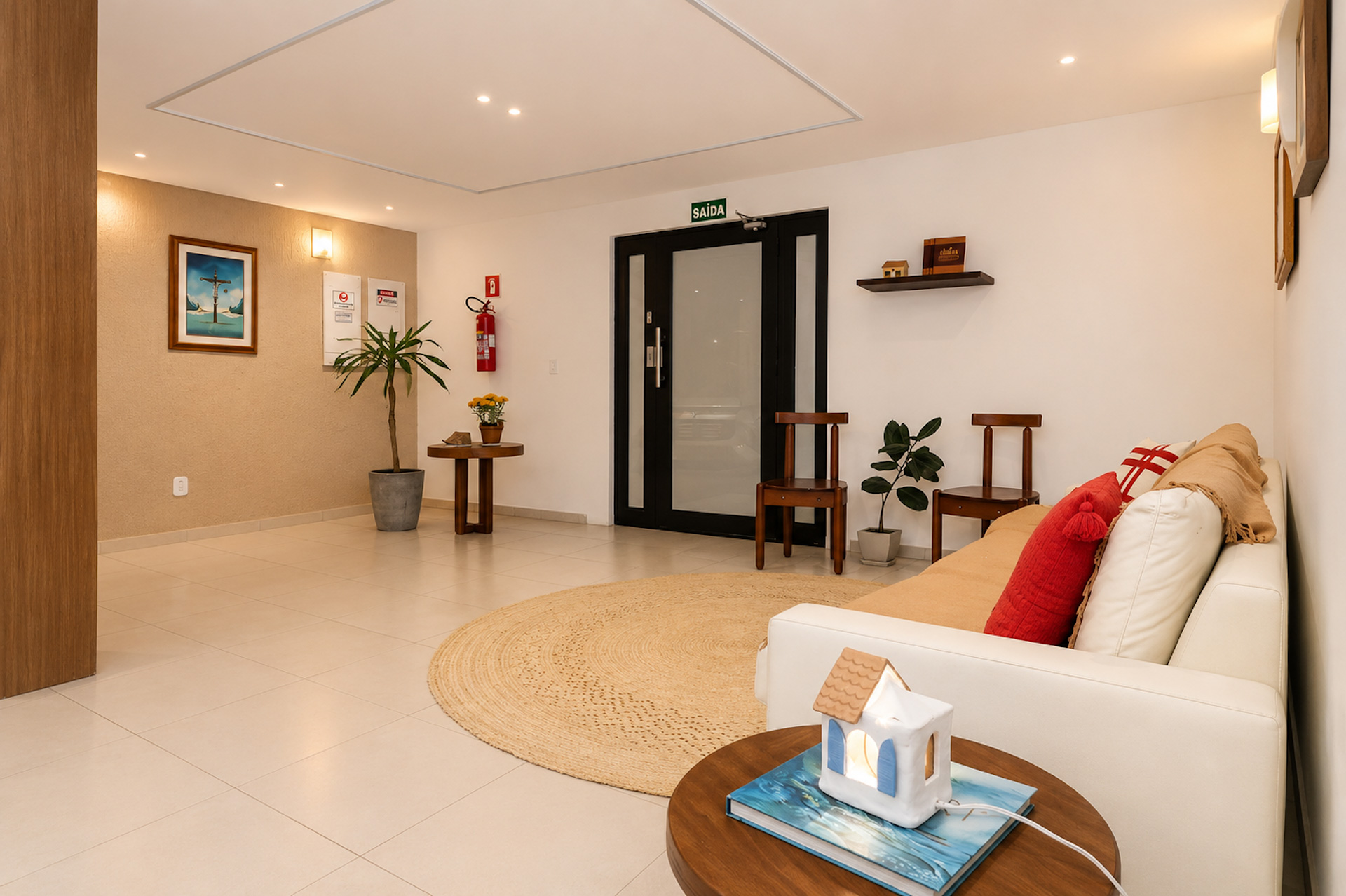Sala de estar da recepção com sofá branco, almofada vermelha e planta